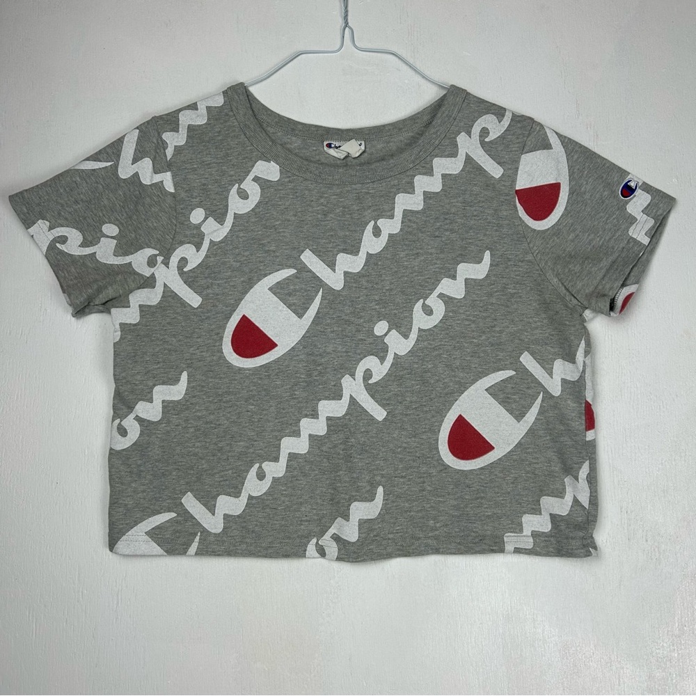 Champion | crop top gray red white blue logo spell out all over 100% cotton